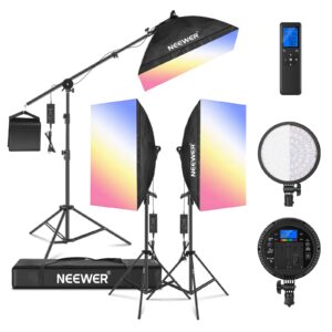 Neewer RGB LED Softbox Lighting Kit: 3-Pack 48W Dimmable LED Light Head with Softbox, Stand and Boom Arm for Studio Photography 1