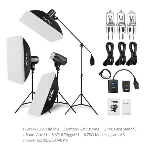 Godox E250 Strobe Studio Flash Light Kit 750W  Photographic Lighting - Strobes, Light Stands, Triggers, Soft Box,Boom Arm 2